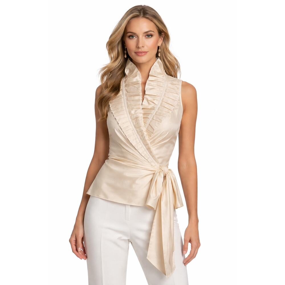 Y2K Tadashi Silk Ruffled Wrap Blouse Cream Oversized Sash Size 10